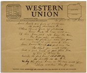 Moe Howard Handwritten Poem to His Wife Entitled Im glad Im not Sad! -- On 8.25 x 7 Western Union Telegram Paper, Circa 1930s -- Very Good